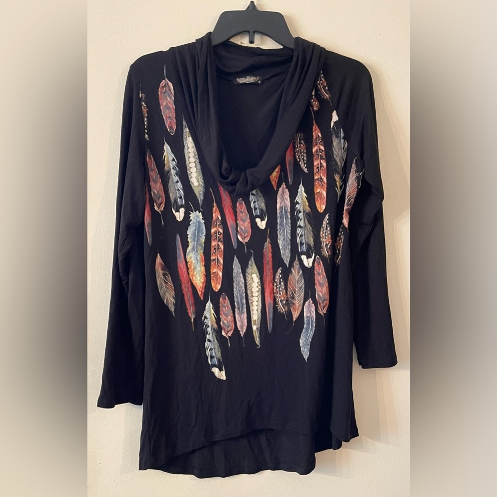 Vanilla Sugar Womens Black Feather Print Cowl Neck High Low Long Sleeve Top M